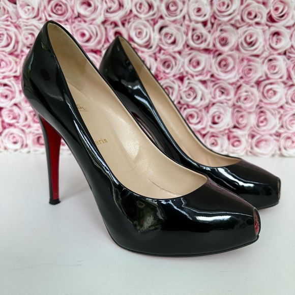 Christian Louboutin Black Patent Leather Open Clic 120 Peep-Toe Pumps Size: 40.5 - Picture 6 of 12